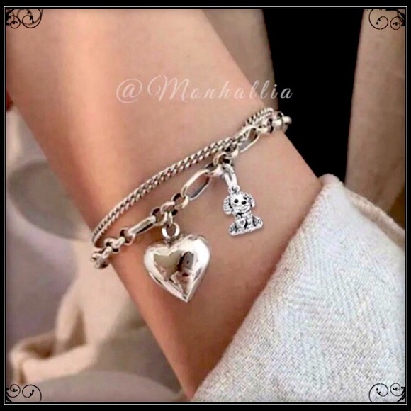 925 SILVER PUPPY LOVE DOG HEART CHARMS DOUBLE LINK CHAIN TRINKET BRACELET - Picture 1 of 4